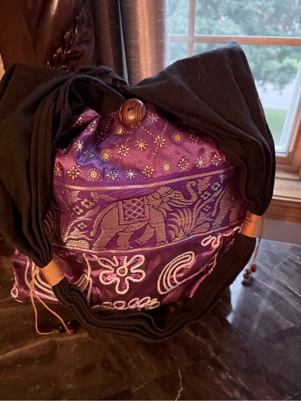 Purple Elephant Embroidered Drawstring Women’s Bag